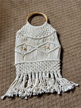 Boho Macramé purse with Wooden Ring handles - Cream